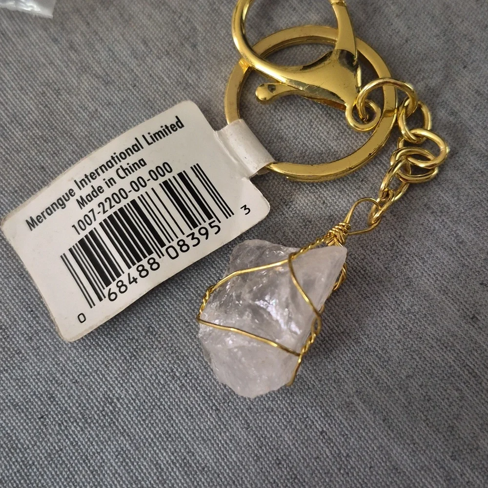 Natural White Quartz Crystal Goldtone  Keychain New